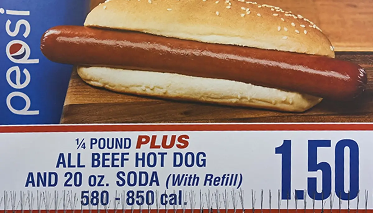 a picture of a hot dog advertisement at a costco food court