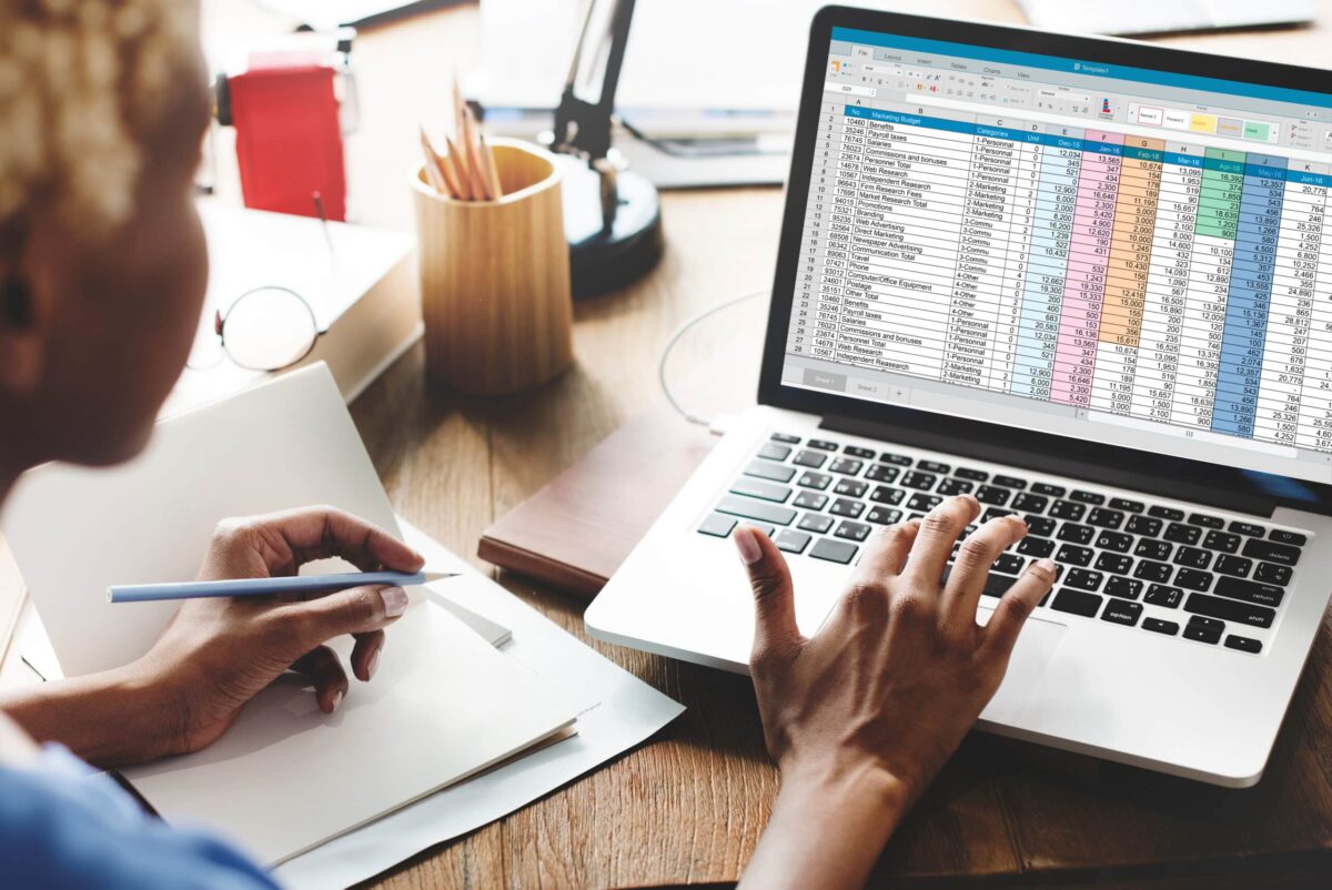 A computer displays a clean bookkeeping record of a business’s financials.